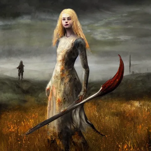 Image similar to Elle Fanning in the painted world of Dark Souls, head and shoulders masterpiece, apocalypse, golden hour, cosmic horror, artstation, in the style of Andrew Wyeth and Edwin Blashfield and Bosch, extremely detailed