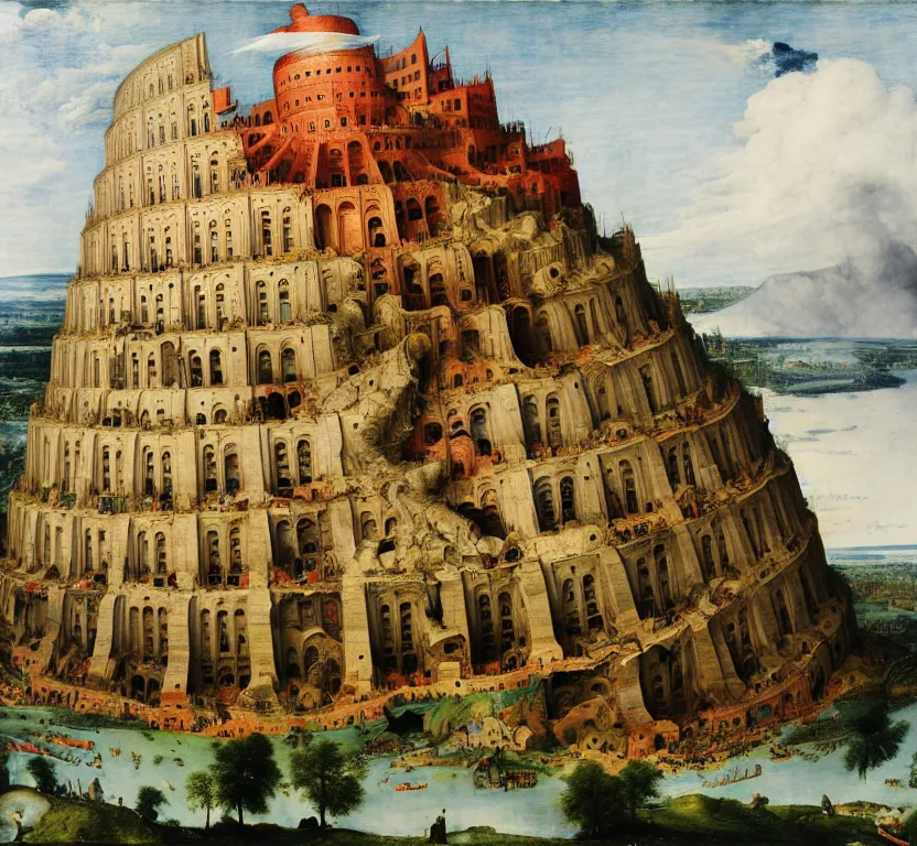 Image similar to the tower of babel after it collapses into rubble, hit by an explosion, by pieter breugel the elder