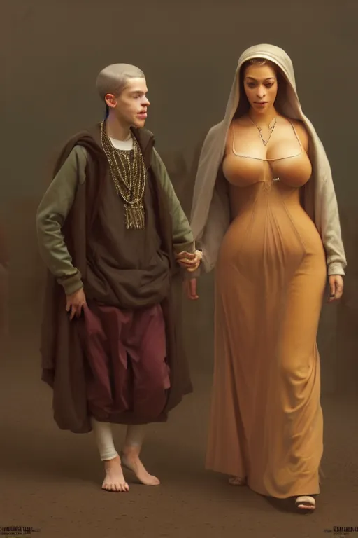 Image similar to Pete Davidson As A Short Midget Being Walked By Kim Kardashian As An Old Lady illustration, soft lighting, soft details, painting oil on canvas by Edmund Blair Leighton and Charlie Bowater octane render, HDR, trending on artstation, 4k, 8k, HD