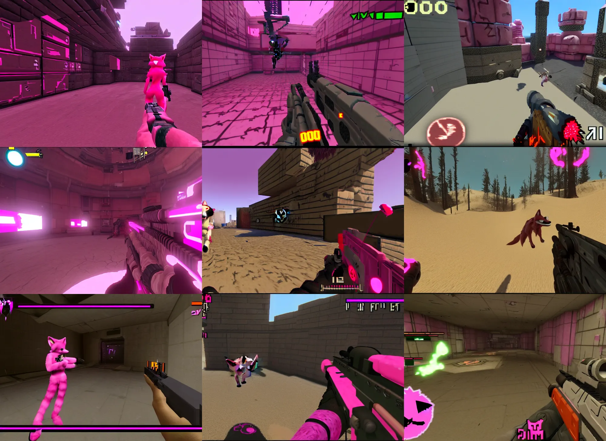 Prompt: pink fox furry fursuit in a screenshot of the video game doom, aim down sight pov, the furry fursuit is running