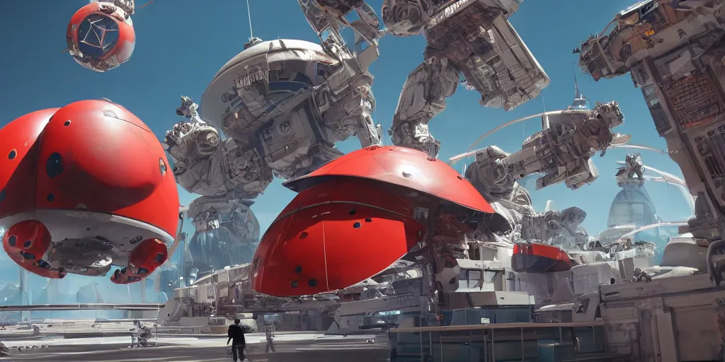 Image similar to movie still far view of a spaceship docked in space around planet saturn. huge ladybug looking robots fix the spaceship outside. detailed, cgsociety, highly detailed, dramatic lighting, coherent, octane, silent running, fifth element, 4 k.