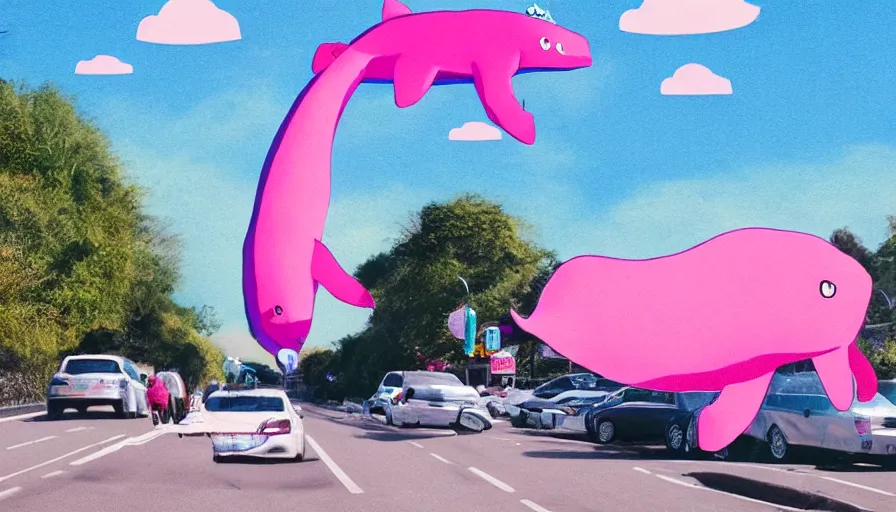 Prompt: a giant pink whale falling out of a blue sky onto cars on a busy bridge