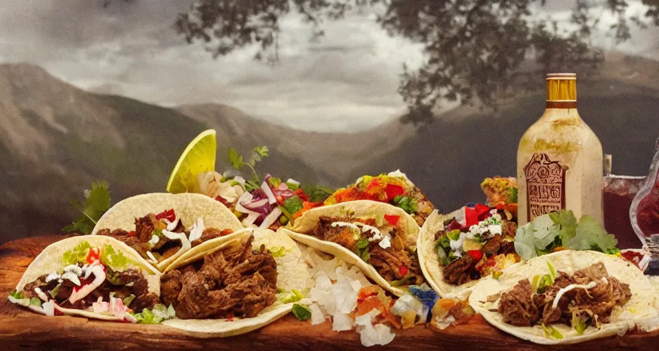 Prompt: a still life of tacos, wolfs, sheep, in the style of romanticisim