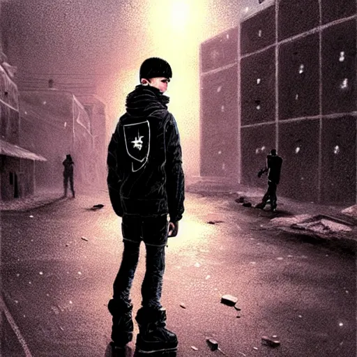 Prompt: A portrait of a cyberpunk teen gopnik on the street of a Soviet slum on the Moon, under a black sky, blinding lights, Neo Norilsk, sci-fi, fantasy, intricate, very very beautiful, elegant, highly detailed, digital painting, artstation, concept art, smooth, sharp focus, illustration, art by artgerm and greg rutkowski and alphonse mucha