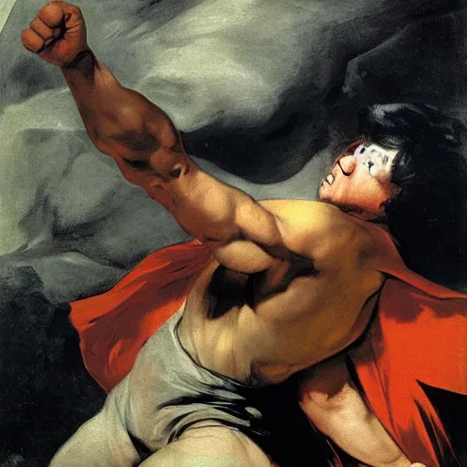 Image similar to inspiring superhero. tough guy big fist. cool colorscheme illustrated by goya goya,,,,,,, by artemisia gentileschi, by theodore gericault,