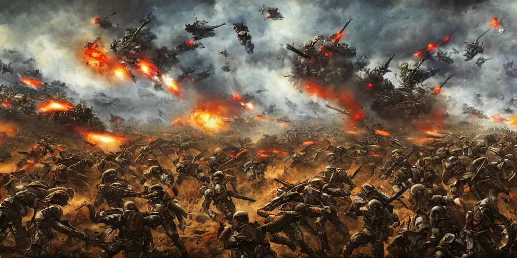 Prompt: world war 1 landscape of zergs destroying the terran soldiers, in an epic and bloody battle, beautiful painting