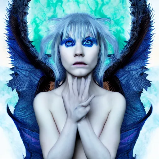Prompt: portrait of young girl half dragon half human, dragon girl, dragon skin, dragon eyes, dragon crown, blue hair, long hair, highly detailed, cinematic lighting, by David Lynch and Robert Eggers