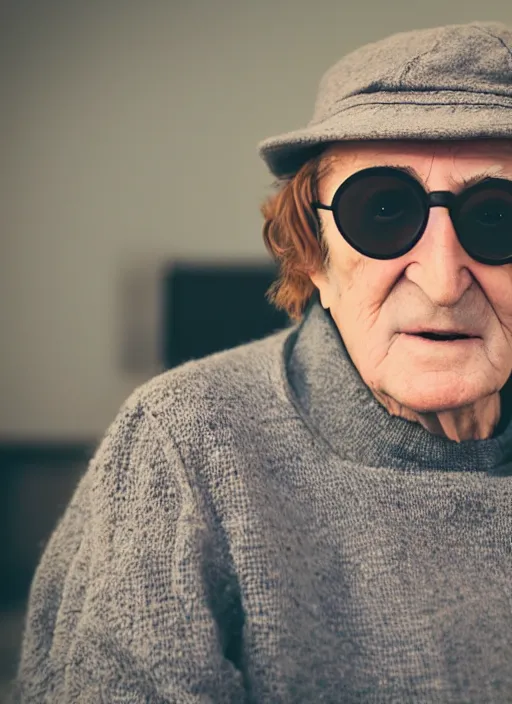 Image similar to DSLR photo portrait still of 81 year old age 81 John Lennon at age 81!!!, 85mm f1.8