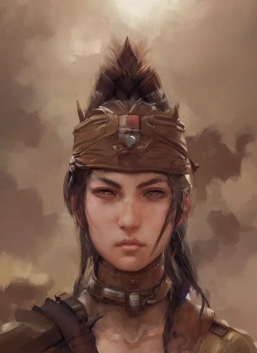 Image similar to portrait of desert warrior by krenz cushart, detailed face, close - up, fantasy, oil painting, featured on pixiv, highly detailed, elegant, sharp focus