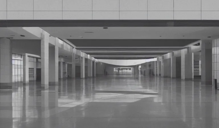 Image similar to a beautiful, sharp focus, clean lines. the interior of a vast deserted 1 9 8 0's shopping mall. vaporwave ombre rendering. outrun style. trending on artstation. recommended for you behance. wes anderson colors. by chris moore. by edward hopper. ambient occlusion. digital matte painting. metropolis filmic. gotham city.