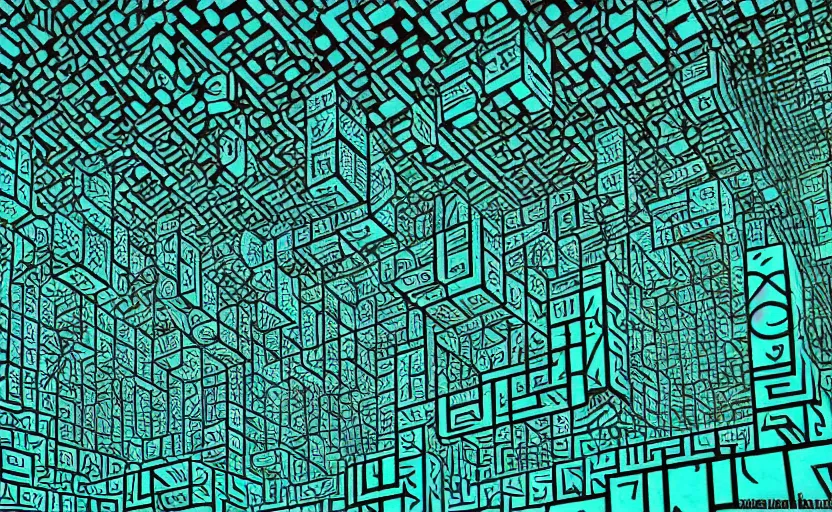 Image similar to interior of an elaborate labyrinth of runic cubes, dark teal, endless maze - like runes, sharp high detail, masterpiece by satoshi kon, crystal cubism, greeble, tesseract, darksynth, high definition