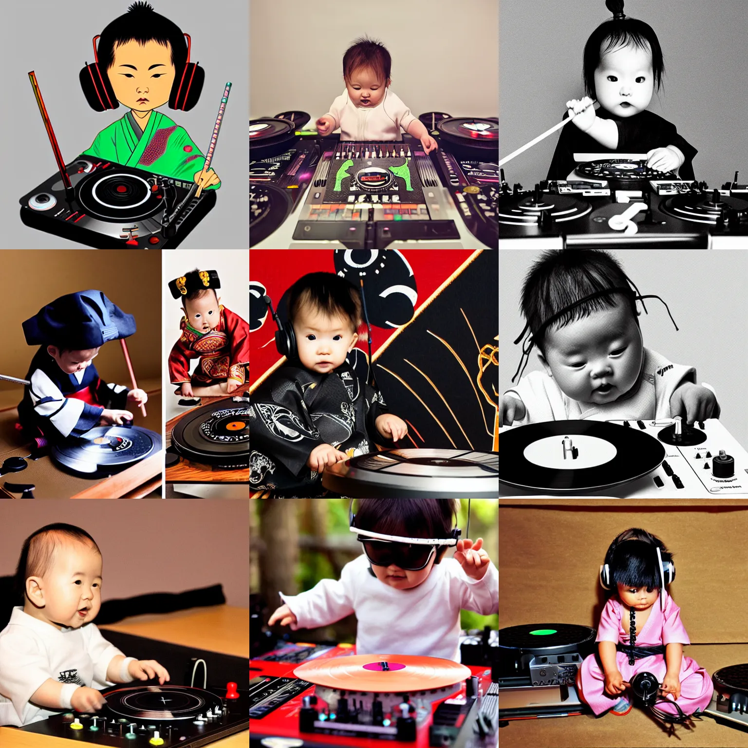 Prompt: a samurai baby DJing with DJ turntables, photoreal