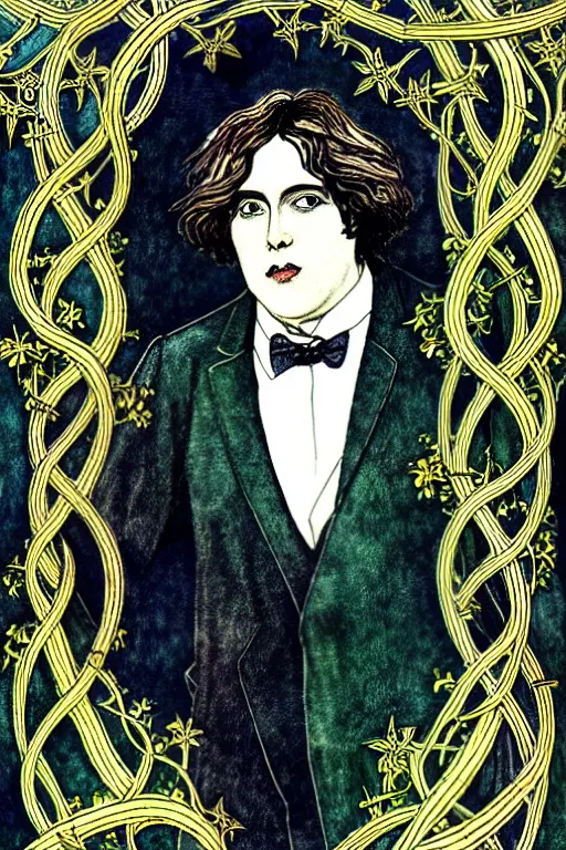 Image similar to realistic portrait of oscar wilde in the center of an ornate gothic frame with vines and stars, detailed art by kay nielsen and walter crane, illustration style, watercolor