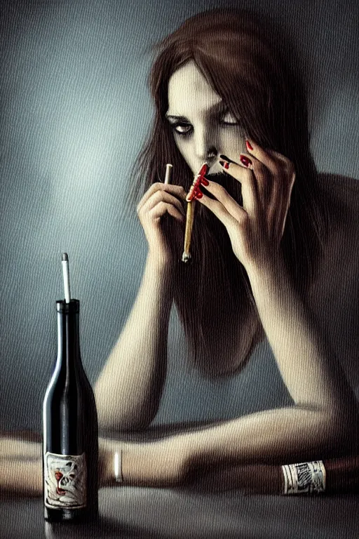 Prompt: dirty faced and very tired womanlooking pile smoking a winebottle, drugs, cigarrette boxes at the table, stormy weather, fantasy, intricate, elegant, highly detailed, digital painting, artstation, concept art, addiction, chains, smooth, sharp focus, illustration, art by Ilja Repin