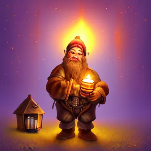 Image similar to artwork of a dwarf miner holding a candle lantern. fantasy digital art, highly detailed