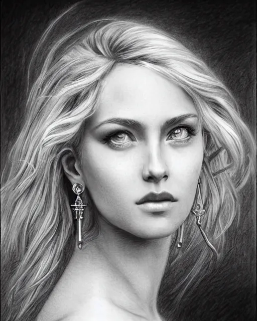 Image similar to pencil drawing of a beautiful greek goddess aphrodite with arrowhead earrings, beautiful piercing eyes, beautiful blonde hair, hyper realistic face, in the style of greg rutkowski, fantasy, amazing detail, epic, elegant, smooth, sharp focus, from the front