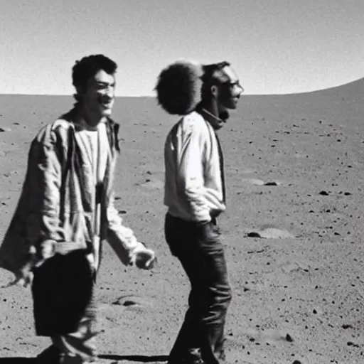 Image similar to a gay couple taking a stroll on the moon, with the earth showing in the pitch black sky