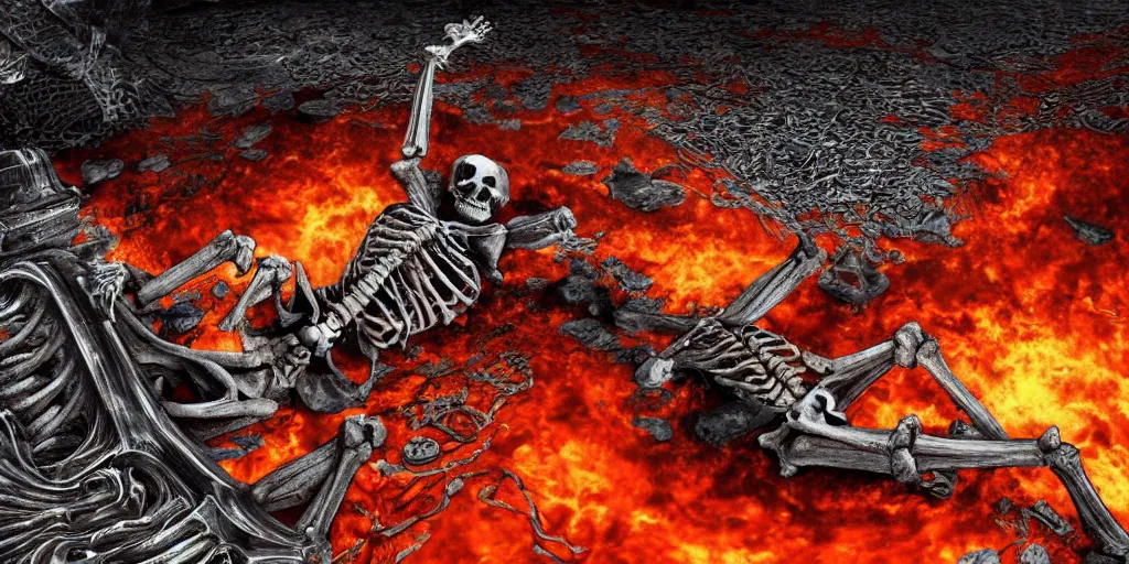 Image similar to skeleton lying in a lake of molten metal, pipe sticking out of the lake, fantasy, digital art, trending on artstation