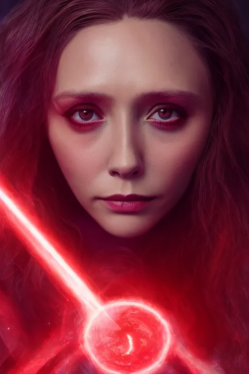 Prompt: Elizabeth Olsen, Wanda Maximoff, Scarlet Witch, magical, forest, evening, red mist, Marvel, symmetrical face, large eyes, hyper realistic, digital art, octane render, trending on artstation, artstationHD, artstationHQ, unreal engine, 4k, 8k