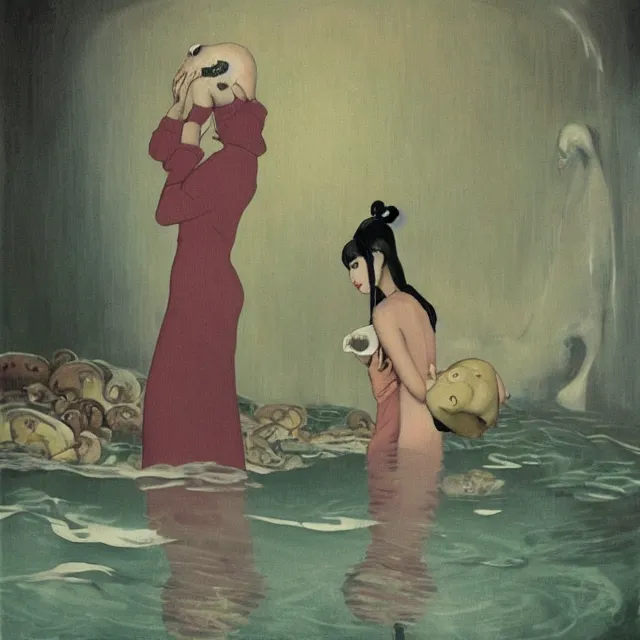 Image similar to tall female emo artist holding a pig in her flooded bathroom, mushrooms, octopus, water gushing from ceiling, painting of flood waters inside an artist's bathroom, a river flooding indoors, pomegranates, pigs, ikebana, zen, river, rapids, waterfall, black swans, canoe, berries, acrylic on canvas, surrealist, by magritte and monet