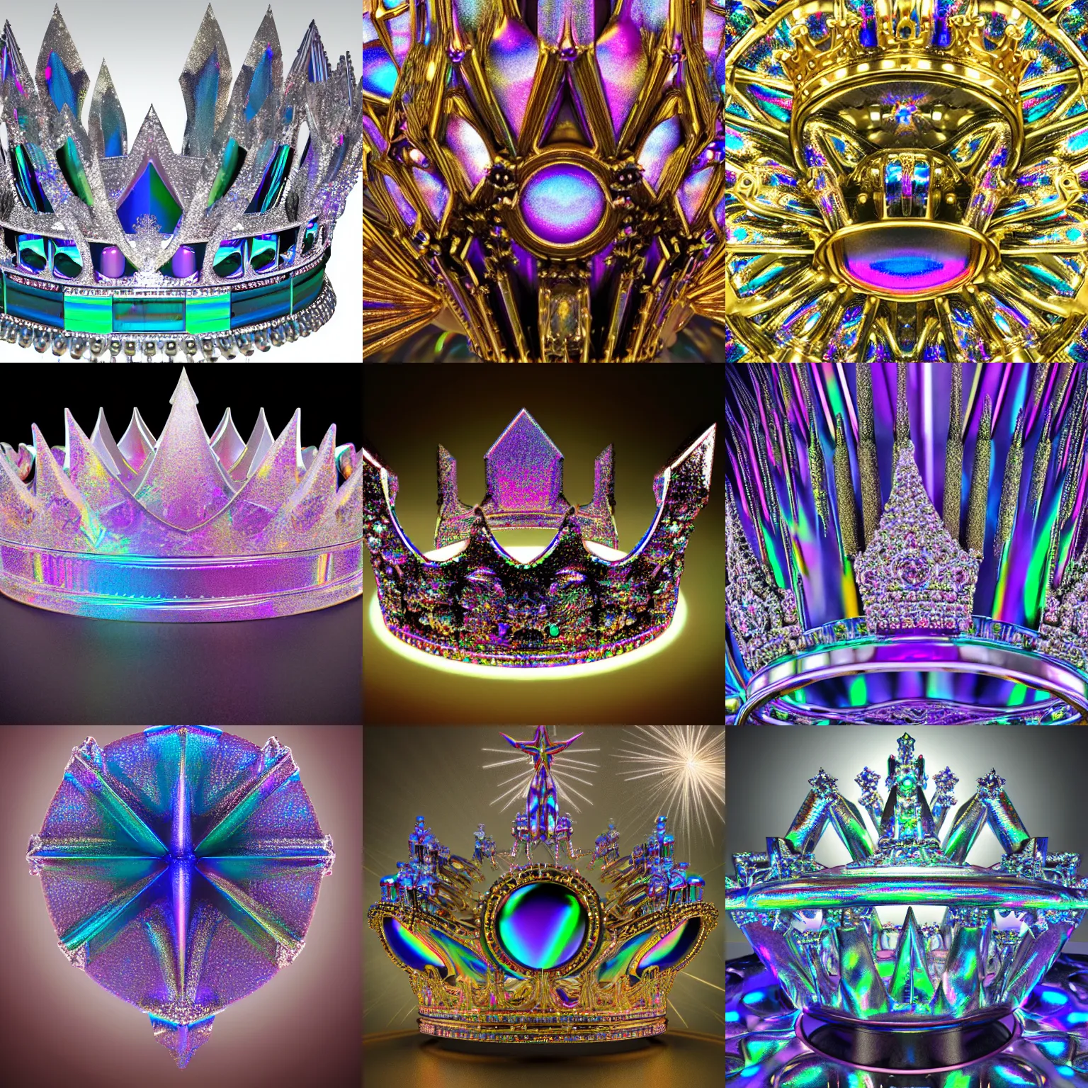 Prompt: Crown of the technological gods containing iridescent crystals, photographic award winning render