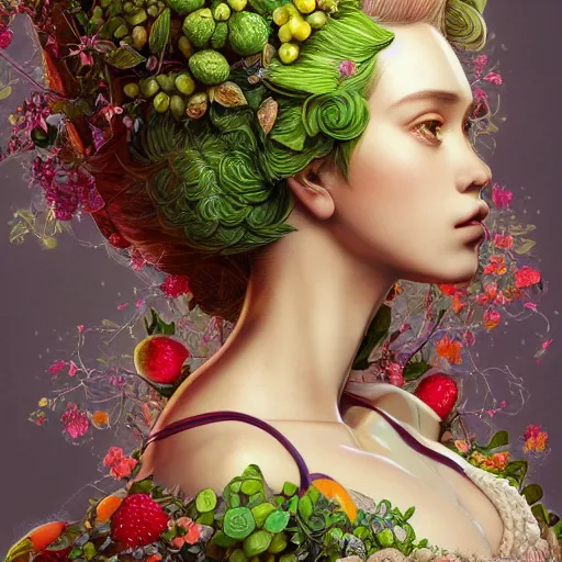 Prompt: the portrait of an absurdly beautiful, graceful, elegant, young woman made of fruits and green petals, an ultrafine hyperdetailed illustration by kim jung gi, irakli nadar, intricate linework, bright colors, octopath traveler, final fantasy, angular, unreal engine 5 highly rendered, global illumination, radiant light, detailed and intricate environment