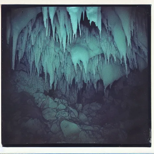 Prompt: a dark glacier cave wit a low ceiling, icicles, deep, dark, creepy, eerie, unsettling, terrifying, old polaroid, expired film, deep,