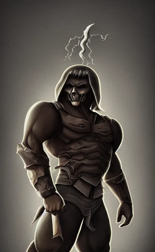 Image similar to Full body centered uncut character pose of mysterious-eerie-ominous He-Man, dark grey shadowy smokey background, atmospheric, cinematic, Epic, ultra-detailed, sharp focus, colored illustration