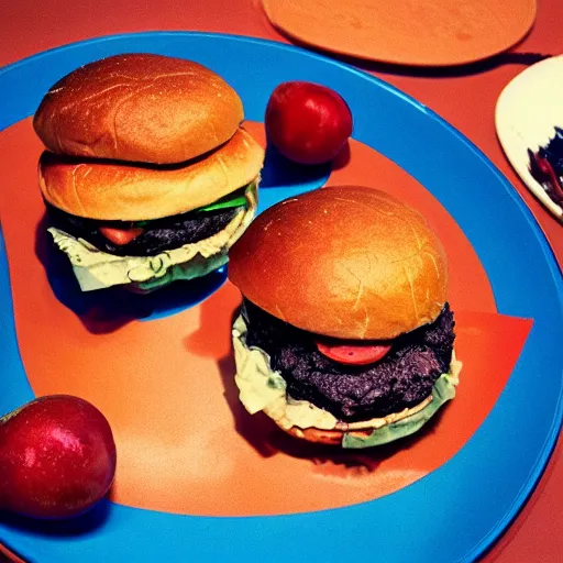 Prompt: photo tasty blue and red burger, food photography cinestill, 800t, 35mm, full-HD