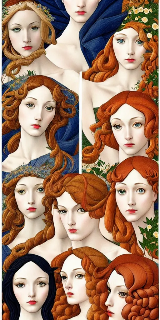 Image similar to the 12 months of the year as 12 figures, (3 are Winter, 3 are Spring, 3 are Summer and 3 are Autumn), in a mixed style of Botticelli and Æon Flux!, inspired by pre-raphaelite paintings, and shoujo manga, stunningly detailed, fine inking lines, flat colors, 4K photorealistic