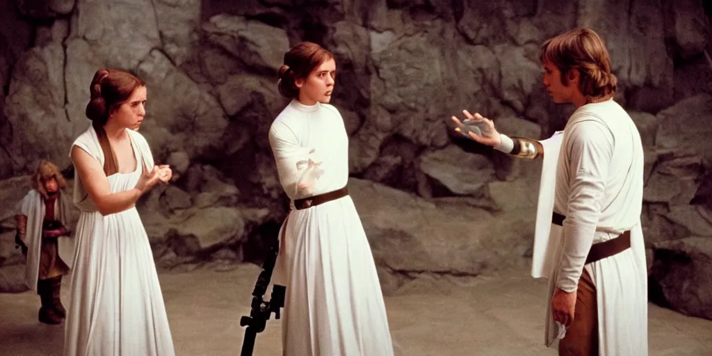 Image similar to screenshot of Luke Skywalker teaching Princess Leia the force, the two people are in a lost jedi Temple, 1970s sci fi film by Stanely Kubrick film, color kodak, Ektachrome, anamorphic lenses, detailed faces, hyper-realistic, photoreal, detailed portrait, moody cinematography, strange lighting