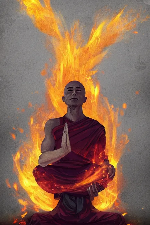 Image similar to A meditating monk on fire by Afshar Petros, Trending on artstation.