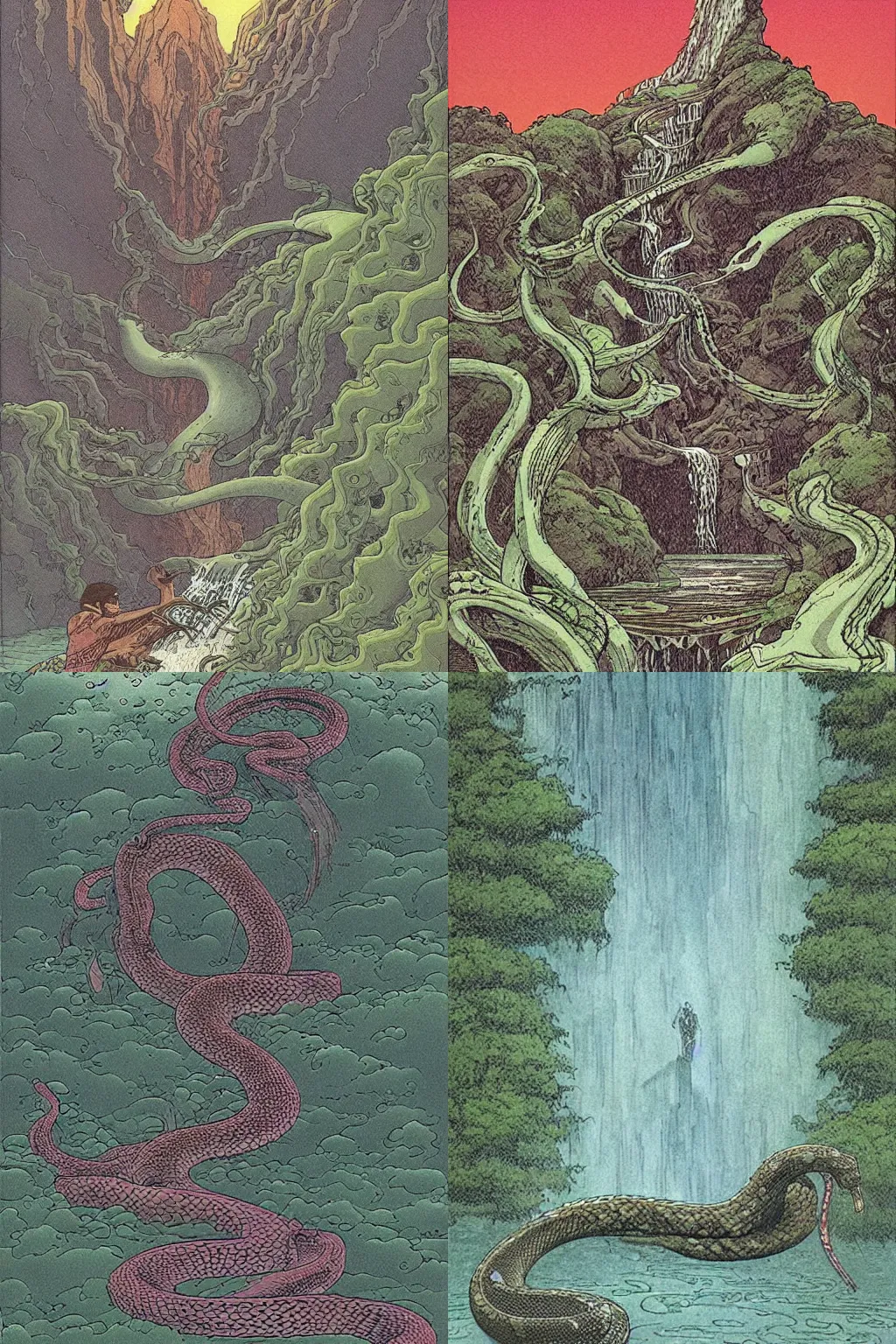 Prompt: An enormous sad snake God is crying a waterfall into a lake. By Moebius.