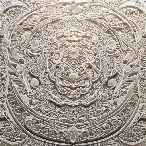 Image similar to opalescent marble portrait, up close, shallow depth of field, warm, masterpiece, ivory carving, fractal paisley inlay, lace, intricate, elegant, highly detailed, artgerm, hyperrealistic, trending on artstation, lace, by ruan jia and greg rutkowski