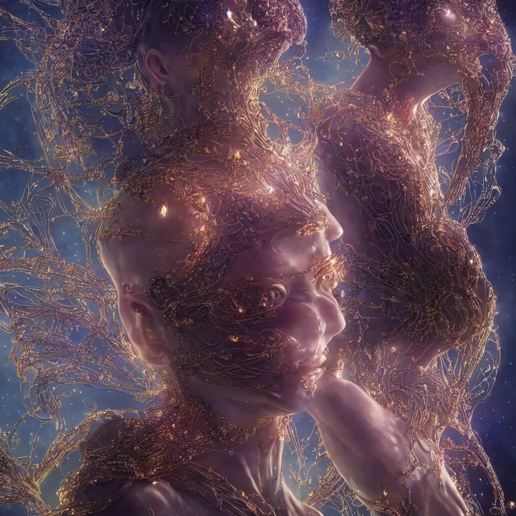 Prompt: extremely detailed cinematic movie still full body shot of 2 1 years old artist hyperreal skin face golden energy strings and neural networks art - nouveau style with sparkling crystals by denis villeneuve, wayne barlowe, simon birch, marc simonetti, philippe druillet, bright volumetric sunlight, rich moody colors, bokeh