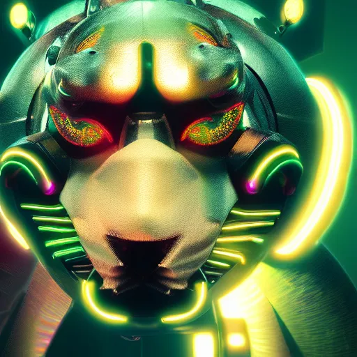 Image similar to portrait of a neon cyberpunk cyborg jaguar animal snarling, octane render