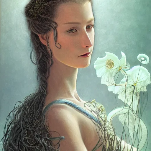 Image similar to facial portrait of a young pretty woman in flowing dress, arrogant, mysterious, long fine flowing hair, delicate, looking at camera, slightly awkward smile, realistic face, hands behind back, intricate, stylish, elegant, grimdark fantasy, flowers, extremely detailed painting inspired by Gerald Brom and Ernst Haeckel and Greg Rutkowski