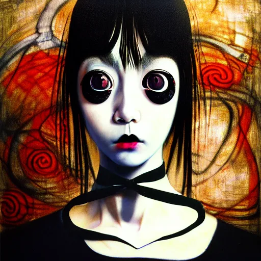 Image similar to yoshitaka amano blurred and dreamy realistic three quarter angle portrait of a young woman with black lipstick and black eyes wearing dress suit with tie, junji ito abstract patterns in the background, satoshi kon anime, noisy film grain effect, highly detailed, renaissance oil painting, weird portrait angle, blurred lost edges