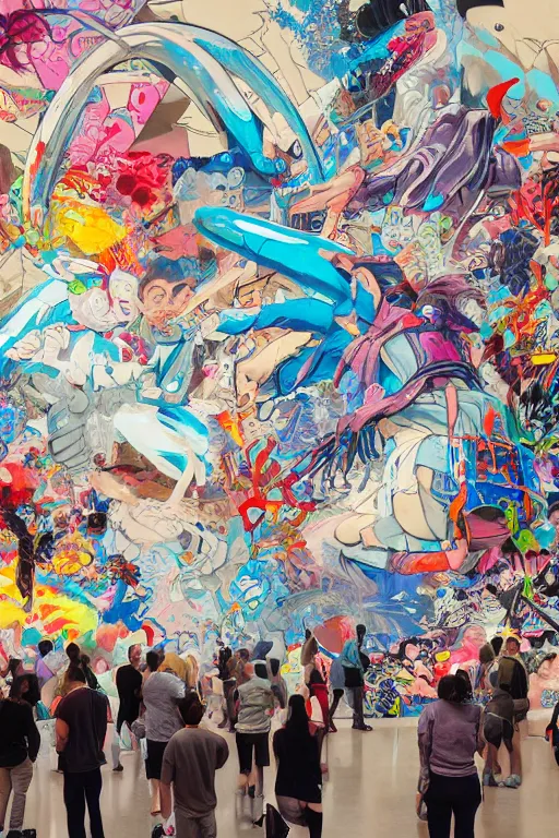 Image similar to people looking at a large graffiti painting in a contemporary museum professional illustration by james jean, painterly, yoshitaka Amano, hiroshi yoshida, moebius, loish, painterly, and artgerm, illustration, backlit, masterpiece, popular on artstation