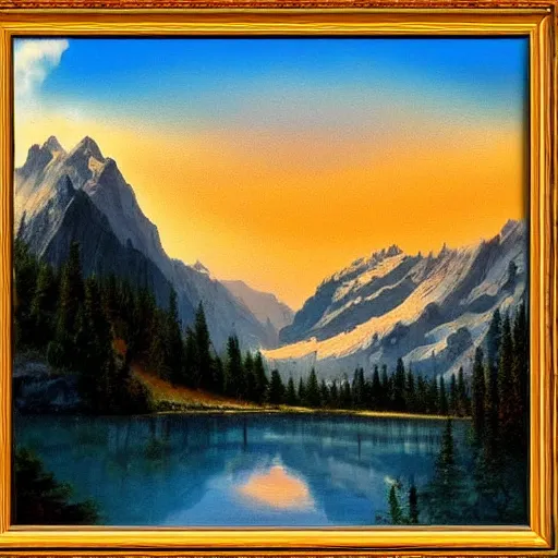 Prompt: ! dream lake in the alps at sunset painted by bob ross