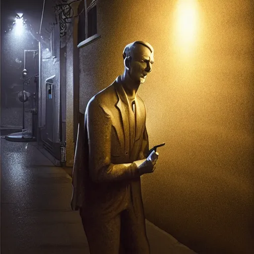 Image similar to hyperrealistic mixed media image of a statue of jason alexander skulking through a dark neighborhood with a flashlight, stunning 3 d render inspired art by istvan sandorfi and greg rutkowski, perfect facial symmetry, realistic, highly detailed attributes and atmosphere, dim volumetric cinematic lighting, 8 k octane extremely hyper - detailed render, post - processing, masterpiece,