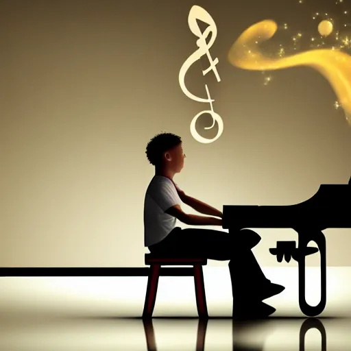 Image similar to a nerd playing the piano, visible music notes in the air, dreamlike, mysterious, professional, realistic