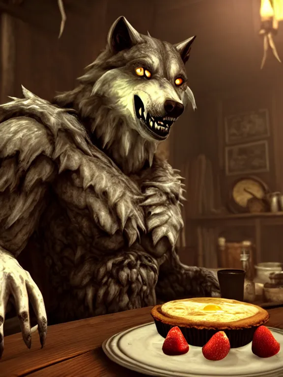 Image similar to cute handsome cuddly burly surly relaxed calm timid werewolf from van helsing sitting down at the breakfast table in the kitchen of a normal country home cooking having fun lighthearted whimsy whimsical baking strawberry tart cakes unreal engine hyperreallistic render 8k character concept art masterpiece screenshot from the video game the Elder Scrolls V: Skyrim