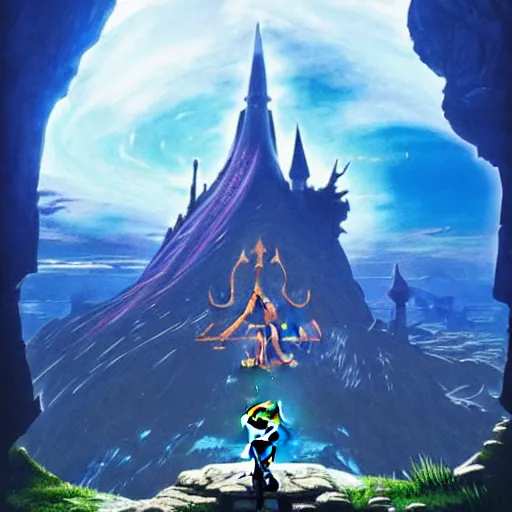 Image similar to An imposing and highly ornamented fantasy castle, Carved from Sapphire stone, Atmosphere, Dramatic lighting, Beautiful Landscape, Epic composition, Wide angle, by Miyazaki, Nausicaa Ghibli, Breath of The Wild