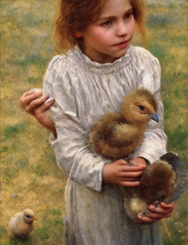 Prompt: portrait of little peasant girl holding chick in her hands, cottage core, cinematic focus, polaroid photo bleached vintage pastel colors high - key lighting, soft lights, foggy, by steve hanks, by lisa yuskavage, by serov valentin, by tarkovsky, 8 detailed, oil on canvas