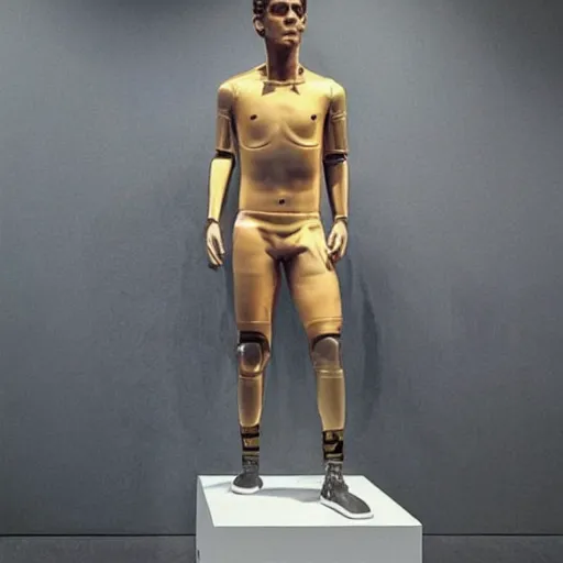 Image similar to “ a realistic detailed photo of a guy who is an attractive humanoid who is half robot and half humanoid, who is a male android, soccer player antoine griezmann, shiny skin, posing like a statue, blank stare, at the museum, on display ”