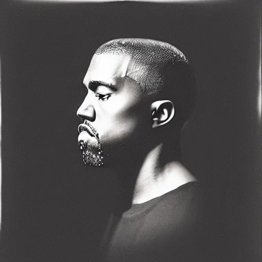 Image similar to a ( ( ( ( ( ( ( ( ( chiaroscuro lighting portrait ) ) ) ) ) ) ) ) ) ) of kanye west ( ( ( ( ( ( ( ( ( dressed as rick owens ) ) ) ) ) ) ) ) ), black background, portrait by julia margaret cameron, shallow depth of field, 8 0 mm, f 1. 8