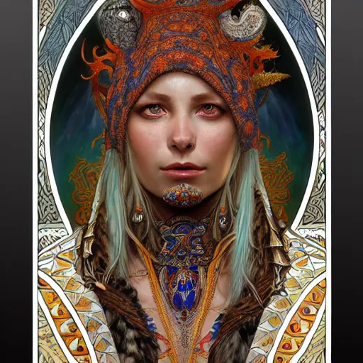 Prompt: a portrait of a lizard shaman, upper half portrait, decorated with russian motifs, russian shaman, siberia, traditional russia, intricate, elegant, highly detailed, symmetry, headpiece, digital painting, artstation concept art smooth sharp focus, illustration, art by artgerm and greg rutkowski alphonse mucha 8 k