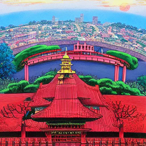 Image similar to a painting of a huge city with a circular bridge around a big red mansion and a huge world tree at the top of a mountain by hayao miyazaki