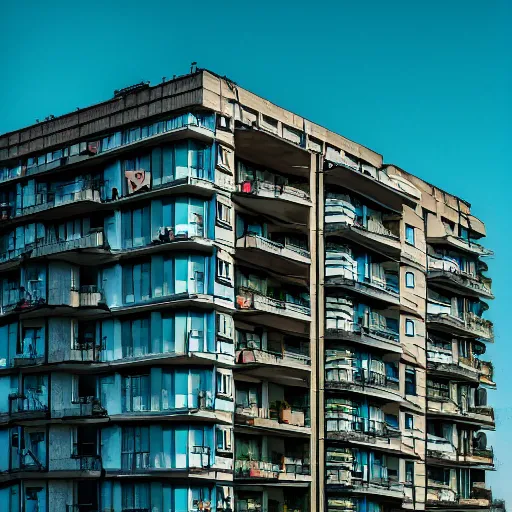 Prompt: photography of surreal apartment building on a field